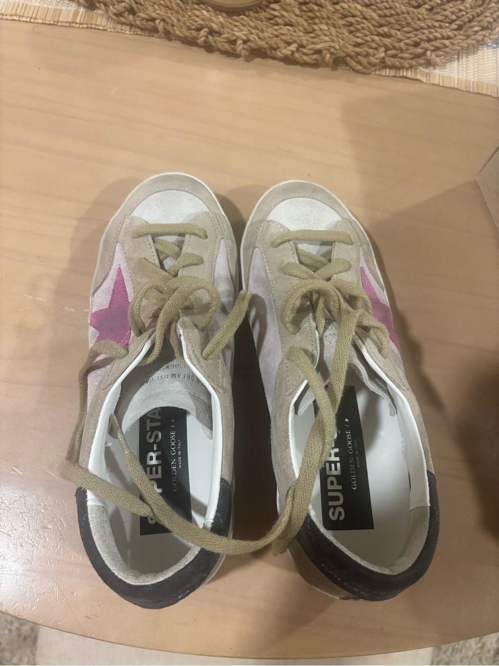 Golden Goose Beige Suede Sneakers with Pink Star Accent